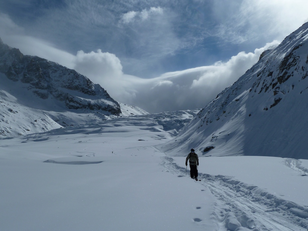 Richard skiing out of the Argentiere Glacier