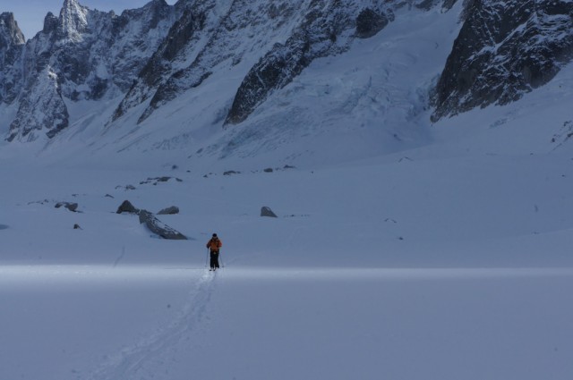 Skiing down the Argentiere Glacier