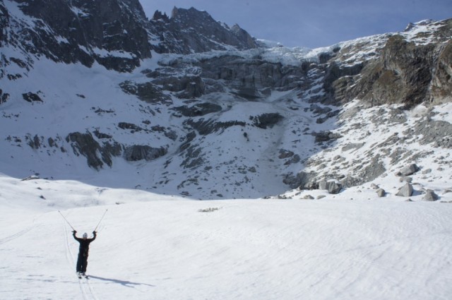 Richard on the Brenva Moraine, Icefall above.