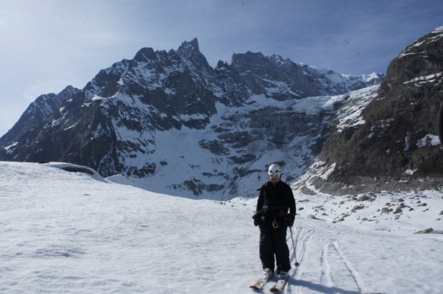 Richard on the Brenva Moraine, Arete de Peuterey above.