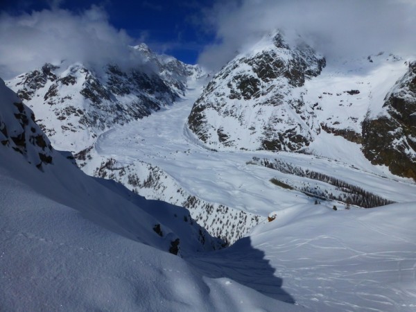 Looking down the Couloir, Miage Moraine in the BG.